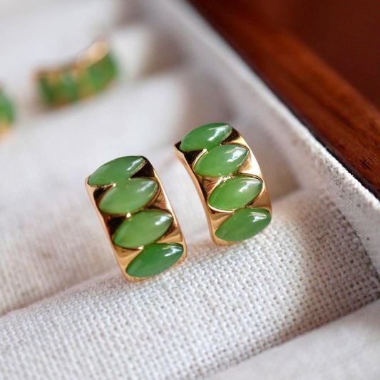 Natural green jade Stud Earrings /Sterling 925Silver 18K Gold-Plated jade Studs/Customize gift box/genuine jade earrings/anniversary gift