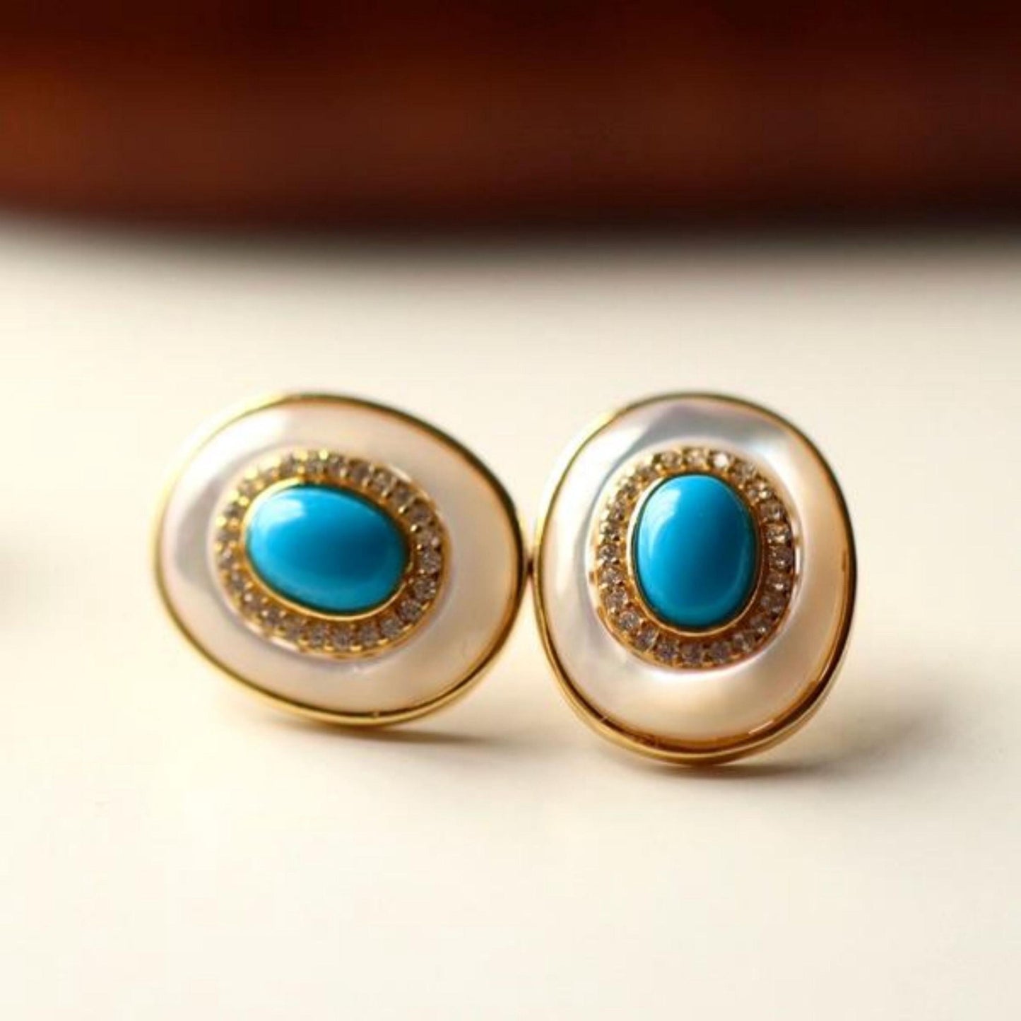 Natural turquoise Stud Earrings/Sterling 925 Silver Gold-Plated turquoise Studs with Mother of Pearl/Customize gift box/December birthstone