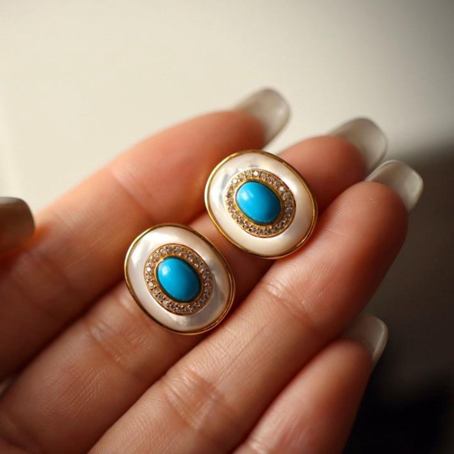 Natural turquoise Stud Earrings/Sterling 925 Silver Gold-Plated turquoise Studs with Mother of Pearl/Customize gift box/December birthstone