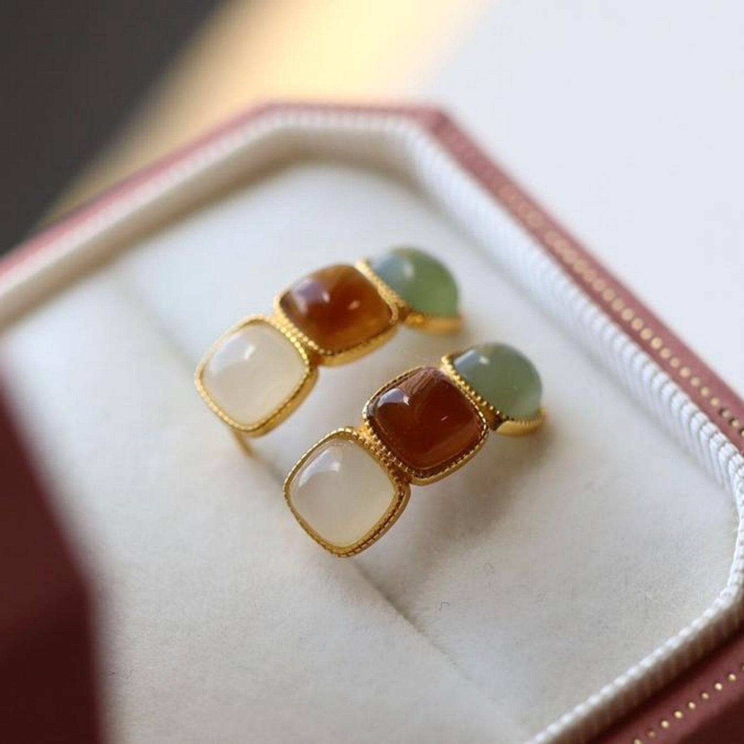 Natural jade Stud Earrings /Sterling 925-Silver 18K Gold-Plated rainbow jade Studs/Customize gift box/genuine jade earrings/anniversary gift