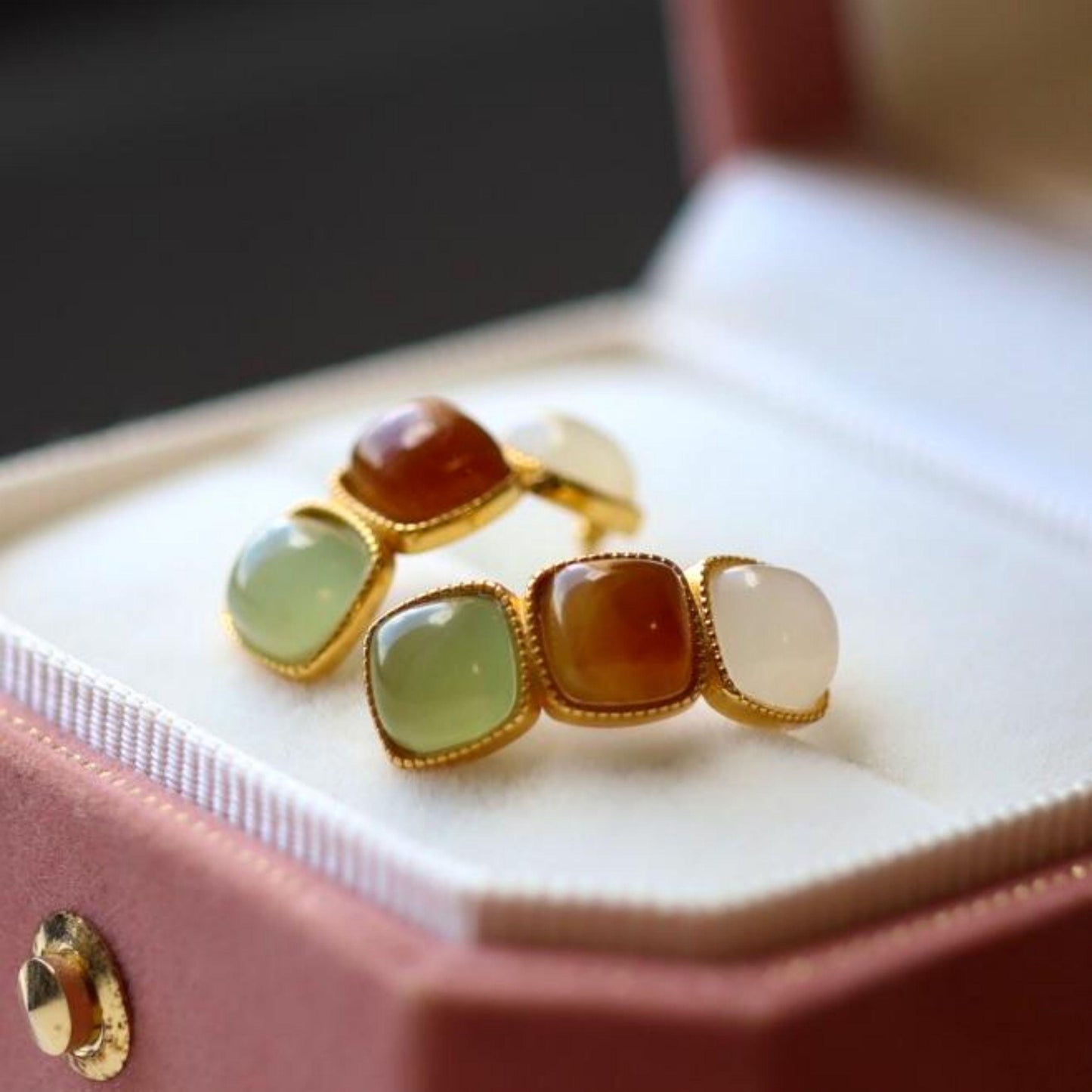 Natural jade Stud Earrings /Sterling 925-Silver 18K Gold-Plated rainbow jade Studs/Customize gift box/genuine jade earrings/anniversary gift