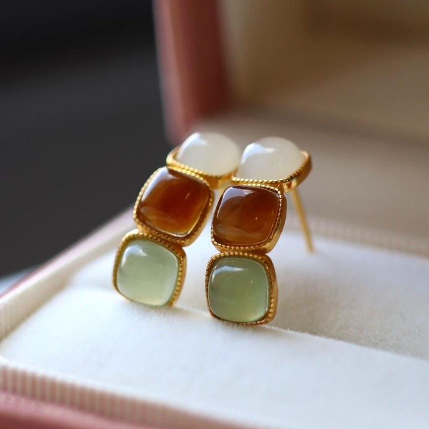 Natural jade Stud Earrings /Sterling 925-Silver 18K Gold-Plated rainbow jade Studs/Customize gift box/genuine jade earrings/anniversary gift