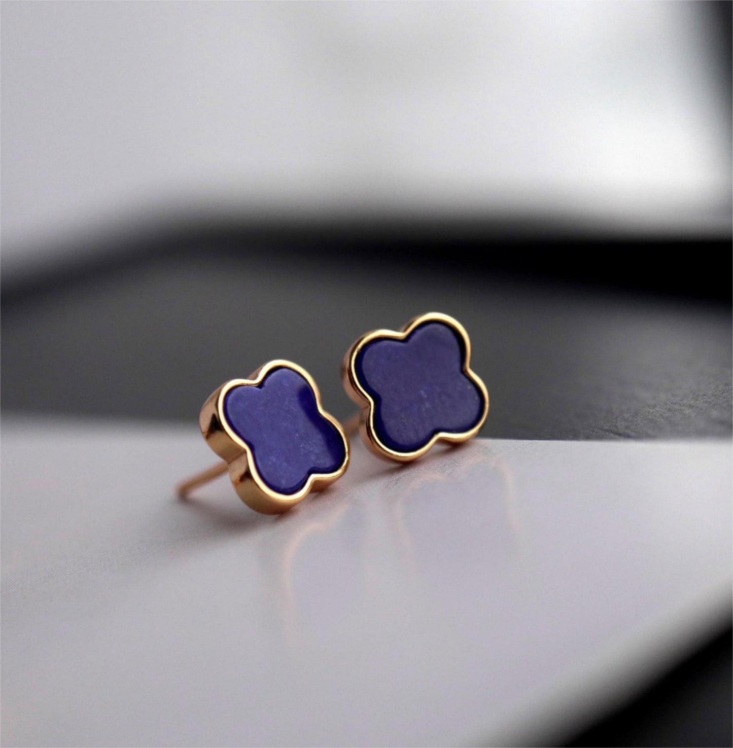 Natural Lapis lazuli Stud Earrings /Sterling 925-Silver Gold-Plated Lapis lazuli Studs/Customize gift box/anniversary gift/Three-leaf clover