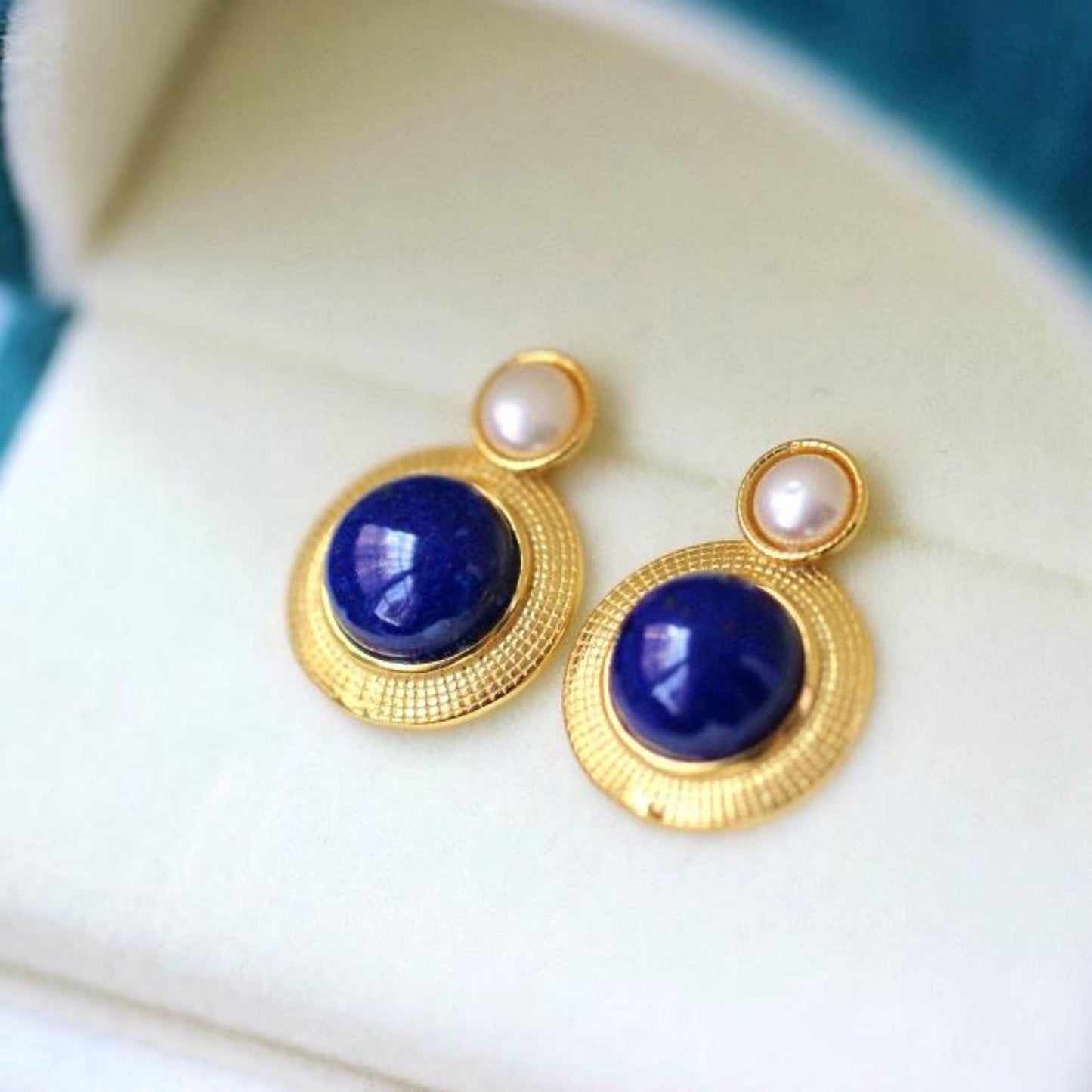 Natural Lapis lazuli Stud Earrings/Sterling 925 Silver 18k Gold-Plated Lapis lazuli Studs with pearl/Customize gift box/anniversary gift