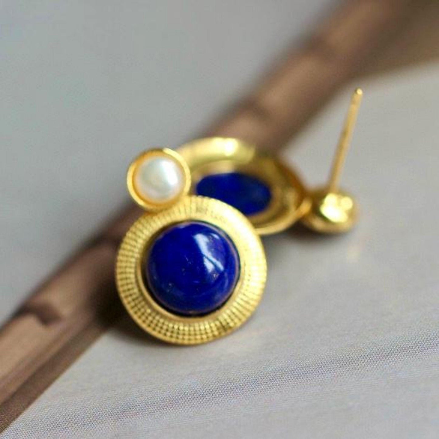 Natural Lapis lazuli Stud Earrings/Sterling 925 Silver 18k Gold-Plated Lapis lazuli Studs with pearl/Customize gift box/anniversary gift