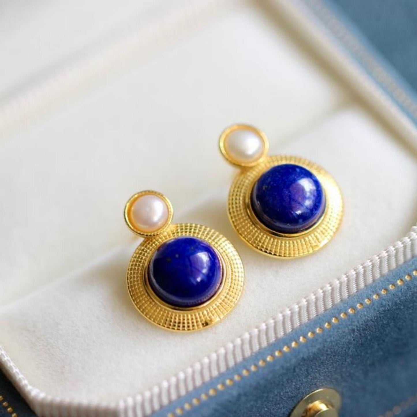 Natural Lapis lazuli Stud Earrings/Sterling 925 Silver 18k Gold-Plated Lapis lazuli Studs with pearl/Customize gift box/anniversary gift