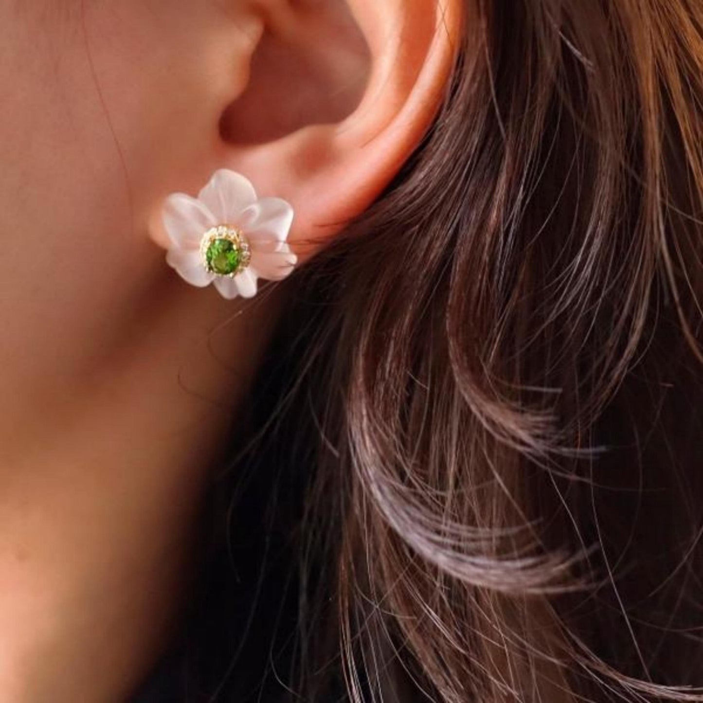 Natural Diopside Stud Earrings with white crystal/Sterling 925Silver 18K Gold-Plated crystal floral Stud/Customize gift box/anniversary gift