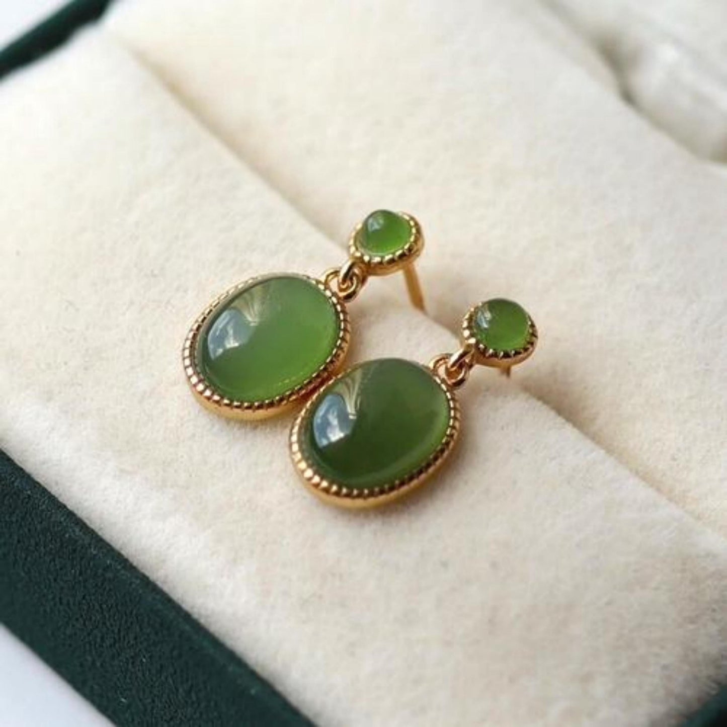 Natural green jade Earrings/Sterling 925 Silver 18K Gold-Plated oval jade drops/Customize gift box/anniversary retro raw jade earrings