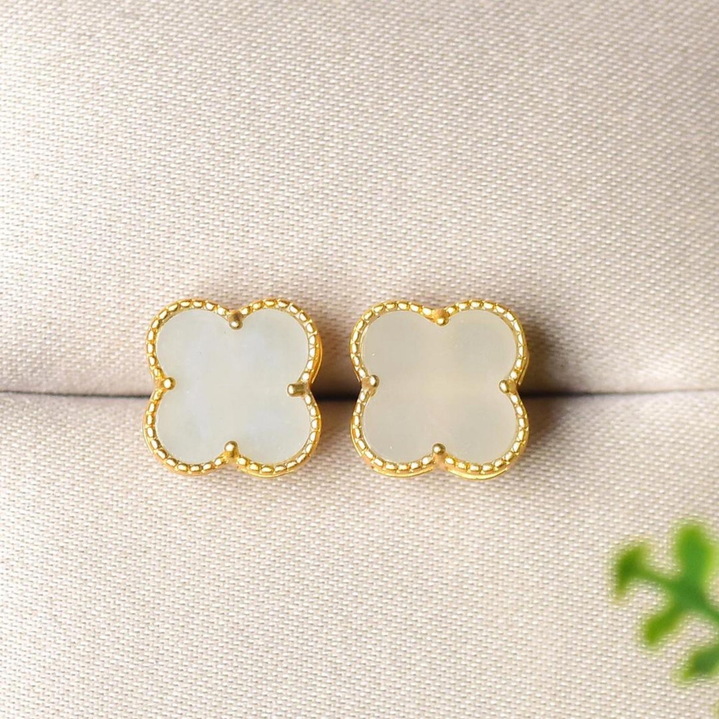 Natural white Nephrite stud Earrings/Sterling 925 Silver 18K Gold-Plated jade studs/Customize gift box/anniversary gift/Clover earrings