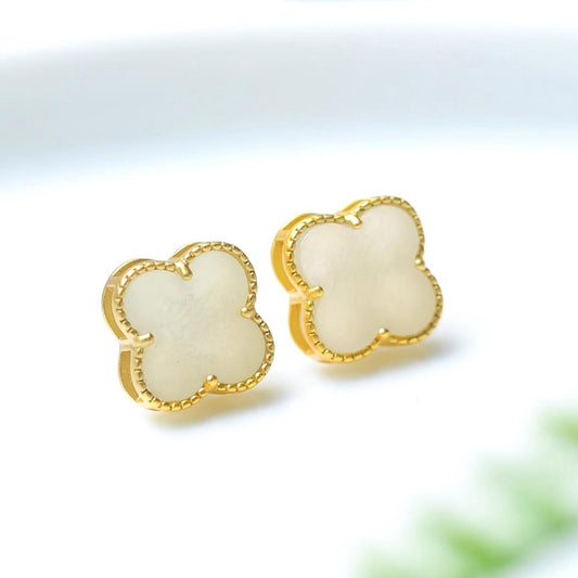 Natural white Nephrite stud Earrings/Sterling 925 Silver 18K Gold-Plated jade studs/Customize gift box/anniversary gift/Clover earrings