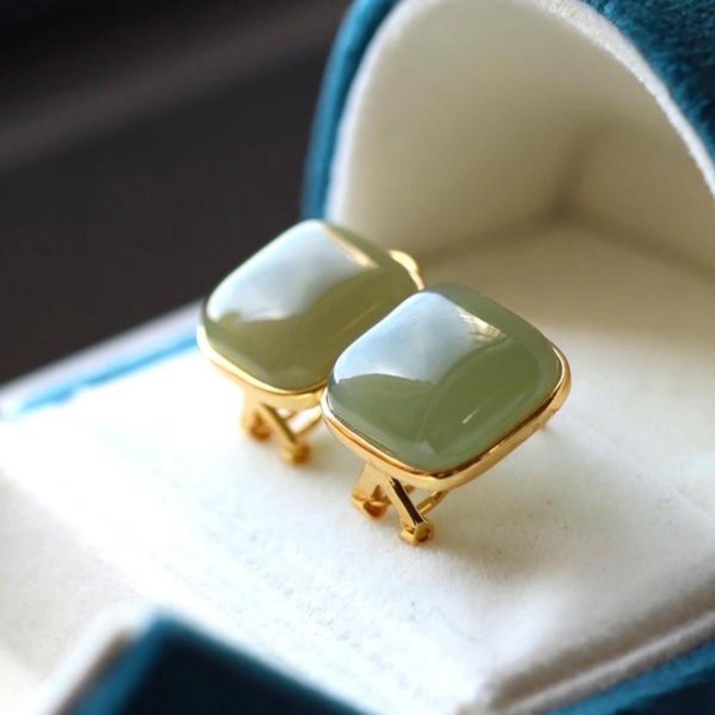 Natural green jade Earrings/Sterling 925 Silver 18K Gold-Plated cushion jade studs/Customize gift box/anniversary gift/minimalist vintage