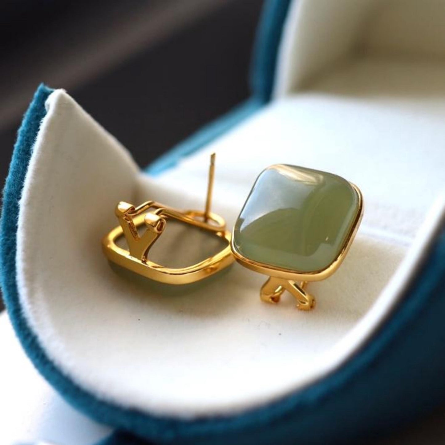 Natural green jade Earrings/Sterling 925 Silver 18K Gold-Plated cushion jade studs/Customize gift box/anniversary gift/minimalist vintage