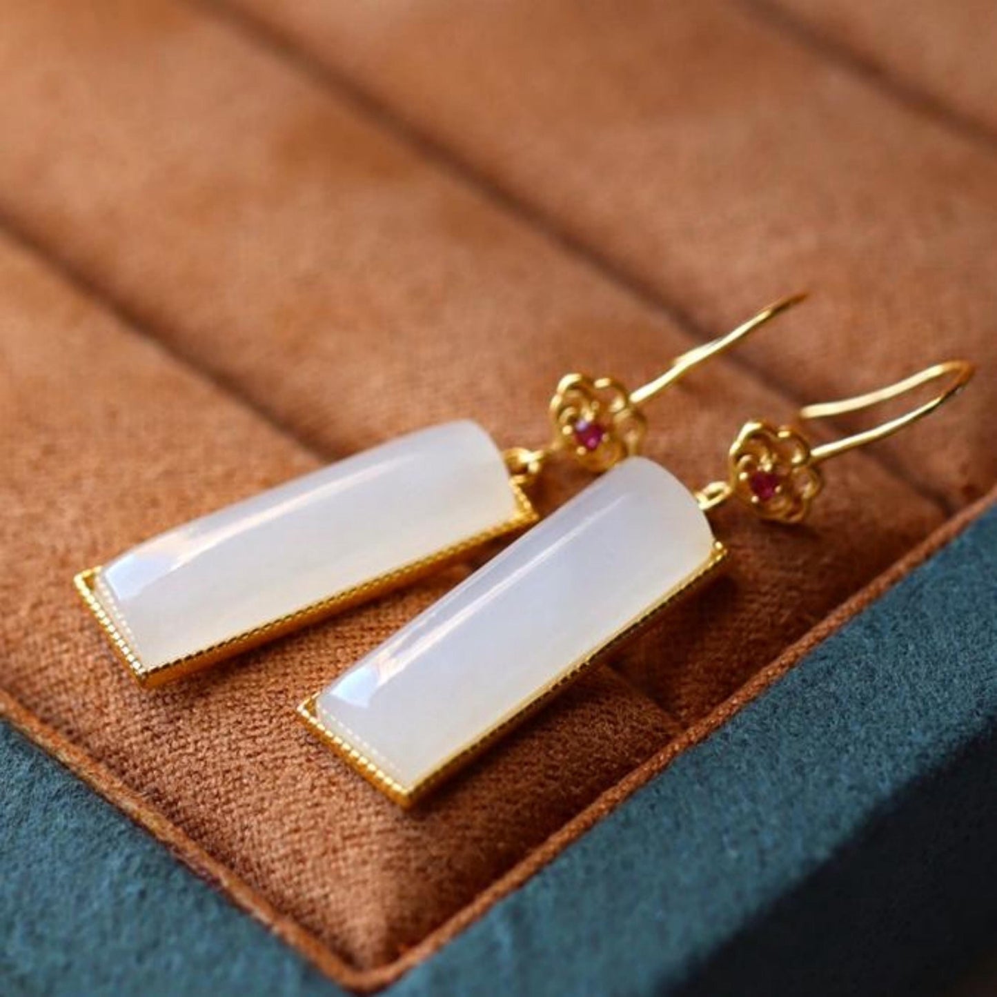 Natural white Nephrite dangle Earrings/Sterling 925Silver 18KGold-Plated jade drops/Customize gift box/anniversary retro raw jade drops