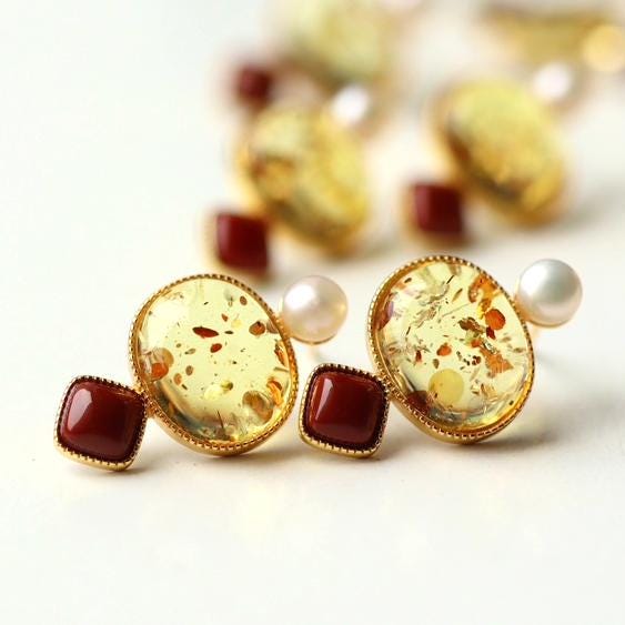 Natural Floral amber Stud Earrings /Sterling 925 Silver 18K Gold-Plated Floral amber Studs with pearl&Southern Red Agate/Customize gift box