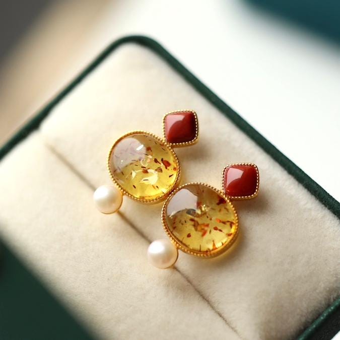 Natural Floral amber Stud Earrings /Sterling 925 Silver 18K Gold-Plated Floral amber Studs with pearl&Southern Red Agate/Customize gift box