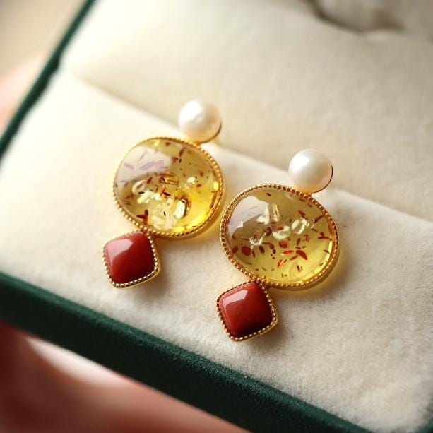 Natural Floral amber Stud Earrings /Sterling 925 Silver 18K Gold-Plated Floral amber Studs with pearl&Southern Red Agate/Customize gift box