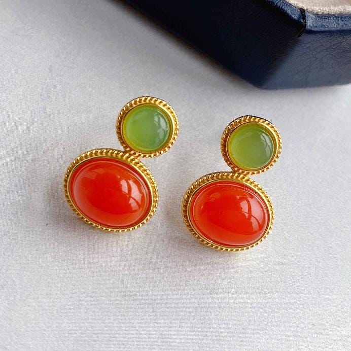 Natural Southern Red Agate Stud Earrings /Sterling 925 Silver 18K Gold-Plated agate Studs with green jade/Customize gift box/retro court