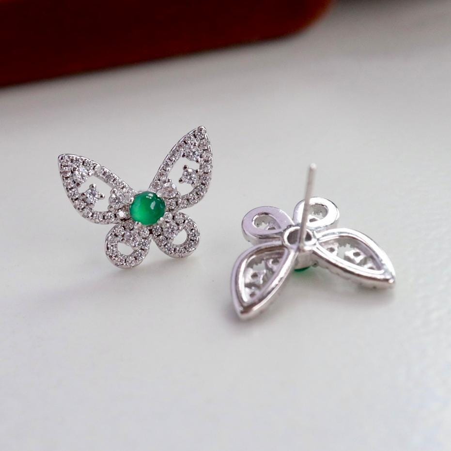 Natural jadeite Stud Earrings /Sterling 925-Silver Gold-Plated round green jade Studs/Customize gift box/butterfly earrings/anniversary gift