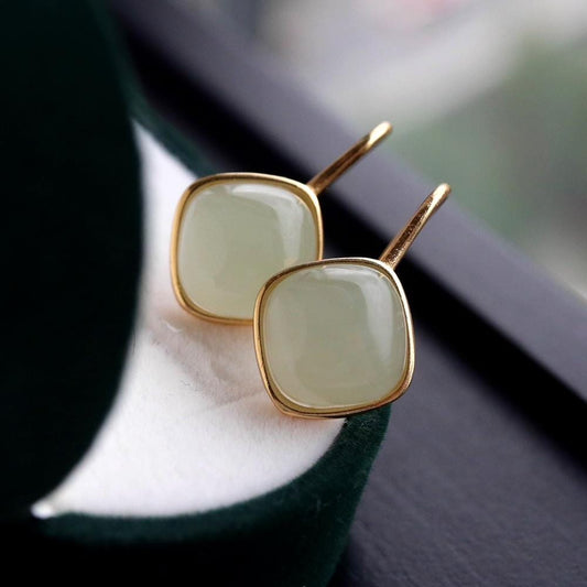 Natural jade Earrings/Sterling 925 Silver 18KGold-Plated Nephrite earrings/Customize gift box/genuine jade/anniversary gift/retro earrings