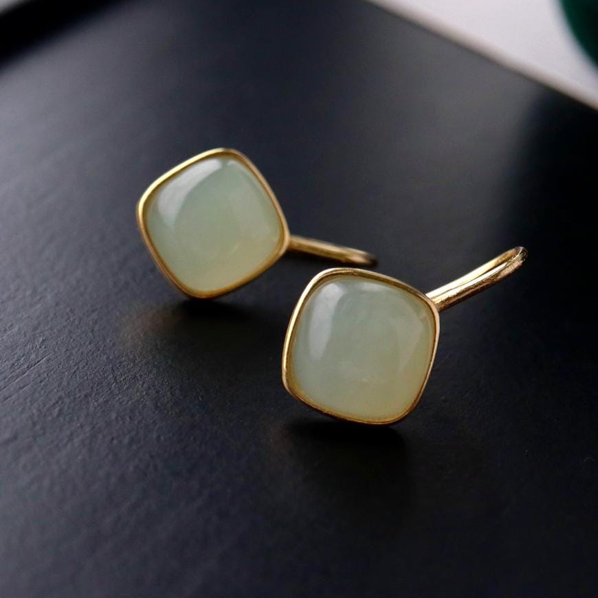 Natural jade Earrings/Sterling 925 Silver 18KGold-Plated Nephrite earrings/Customize gift box/genuine jade/anniversary gift/retro earrings