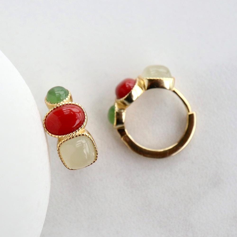 Natural Southern Red Agate Earrings /Sterling 925 Silver 18K Gold-Plated agate Studs with Nephrite/Customize gift box/retro court