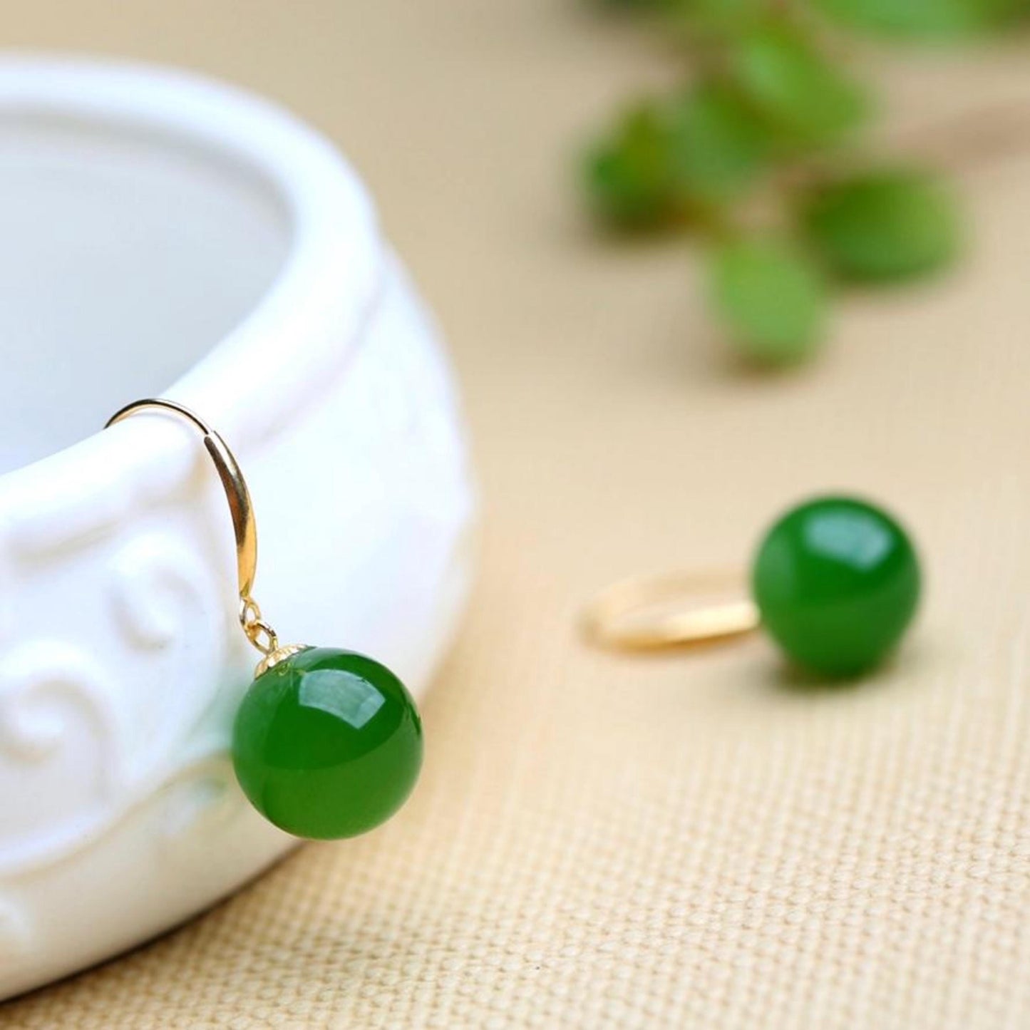 Genuine green jade dangle Earrings/Sterling 925-Silver 18KGold-Plated green jade drops/Customize gift box/anniversary gift/unique gift