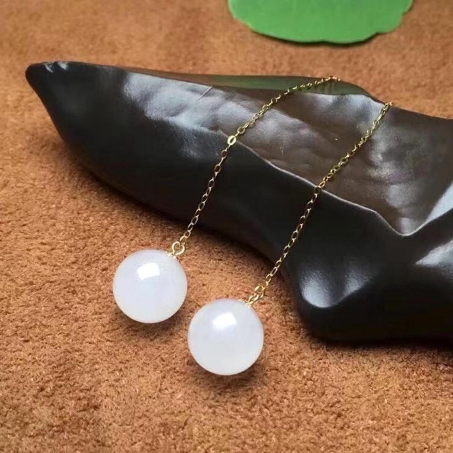 Genuine White Nephrite dangle Earrings/Sterling 925-Silver 18KGold-Plated white jade drops/Customize gift box/anniversary gift/unique gift