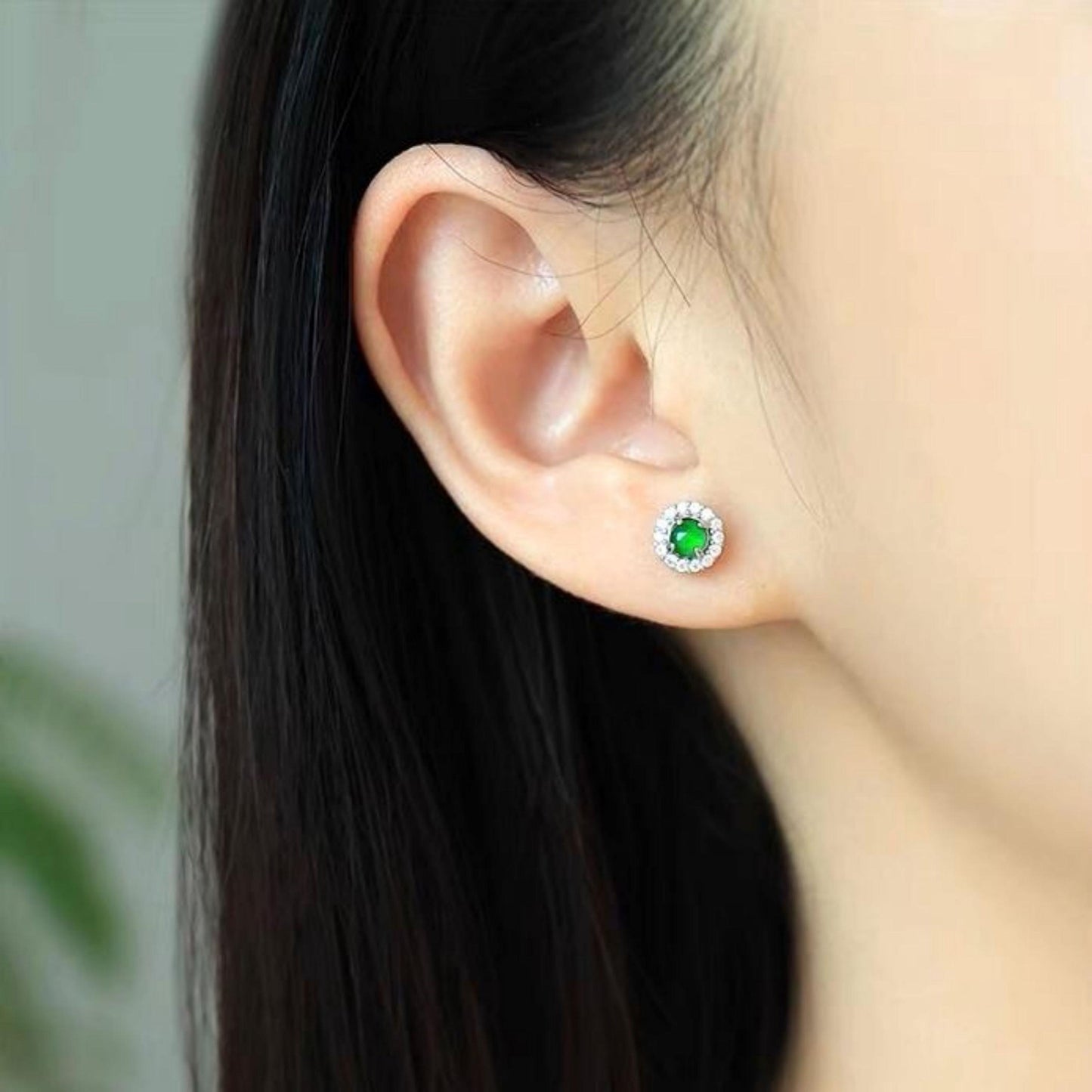 Natural jadeite Stud Earrings /Sterling 925-Silver 18KGold-Plated round green jade Studs/Customize gift box/anniversary gift/dainty earrings