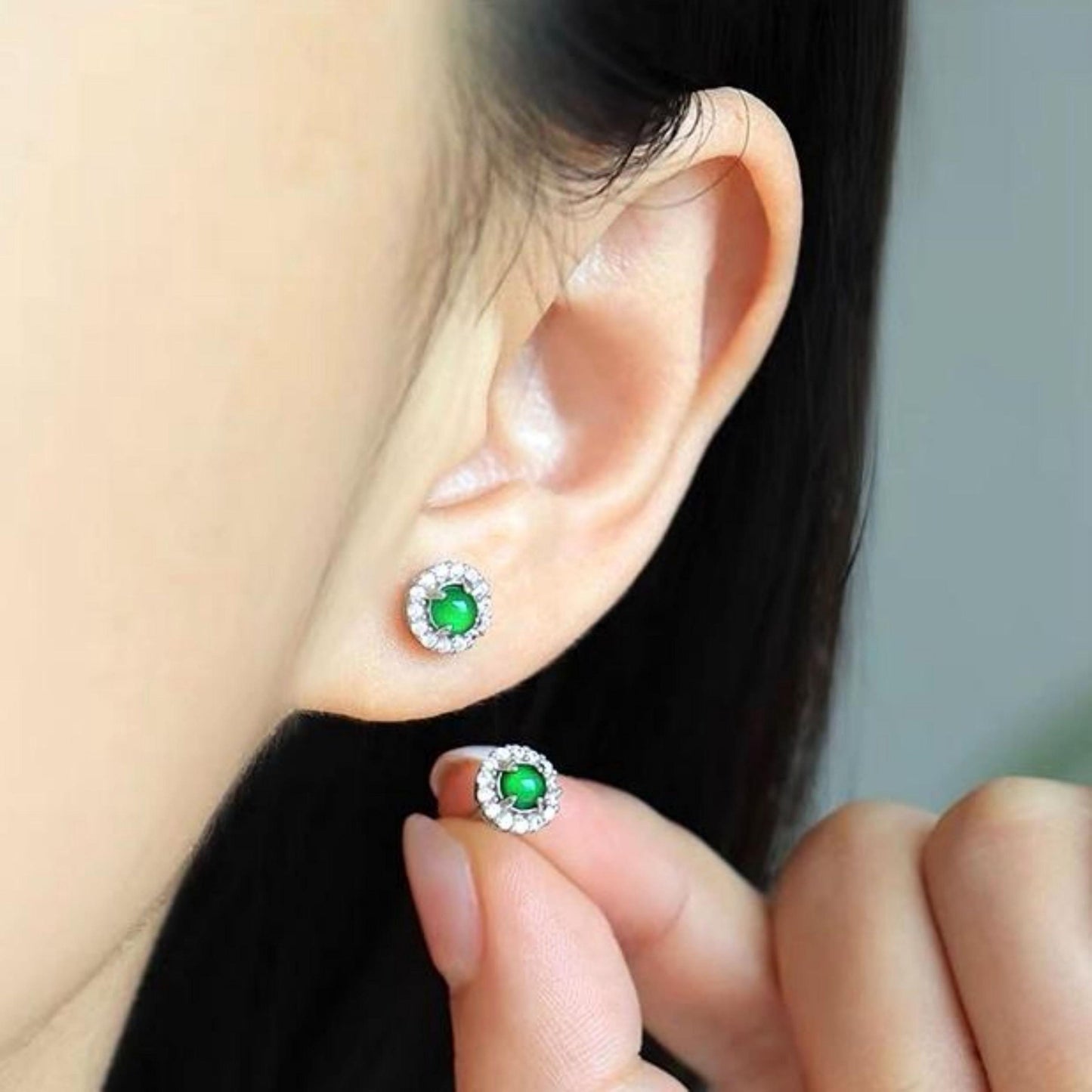 Natural jadeite Stud Earrings /Sterling 925-Silver 18KGold-Plated round green jade Studs/Customize gift box/anniversary gift/dainty earrings