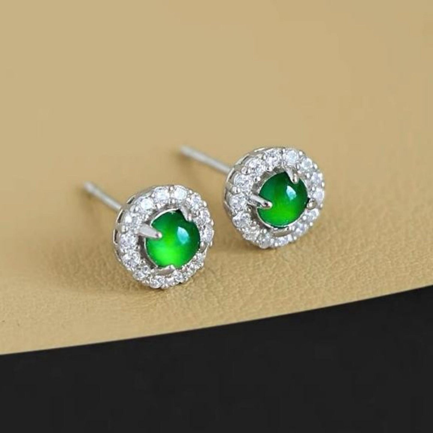 Natural jadeite Stud Earrings /Sterling 925-Silver 18KGold-Plated round green jade Studs/Customize gift box/anniversary gift/dainty earrings