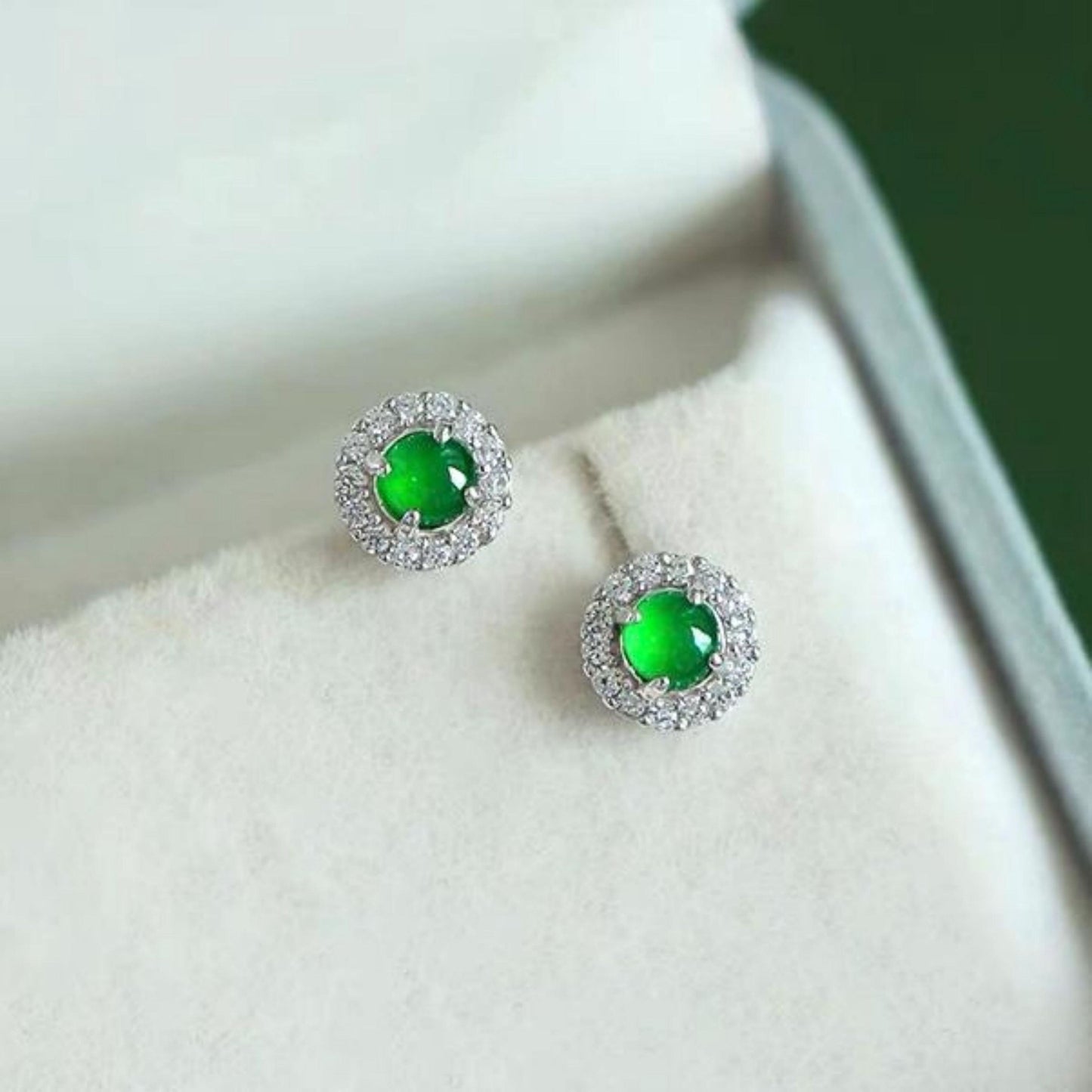 Natural jadeite Stud Earrings /Sterling 925-Silver 18KGold-Plated round green jade Studs/Customize gift box/anniversary gift/dainty earrings