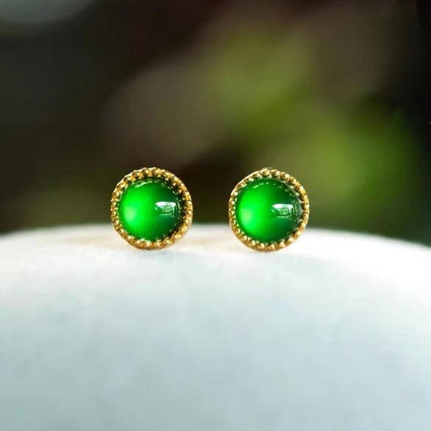 Natural jadeite Stud Earrings /Sterling 925-Silver 18KGold-Plated round green jade Studs/Customize gift box/anniversary gift/minimalist