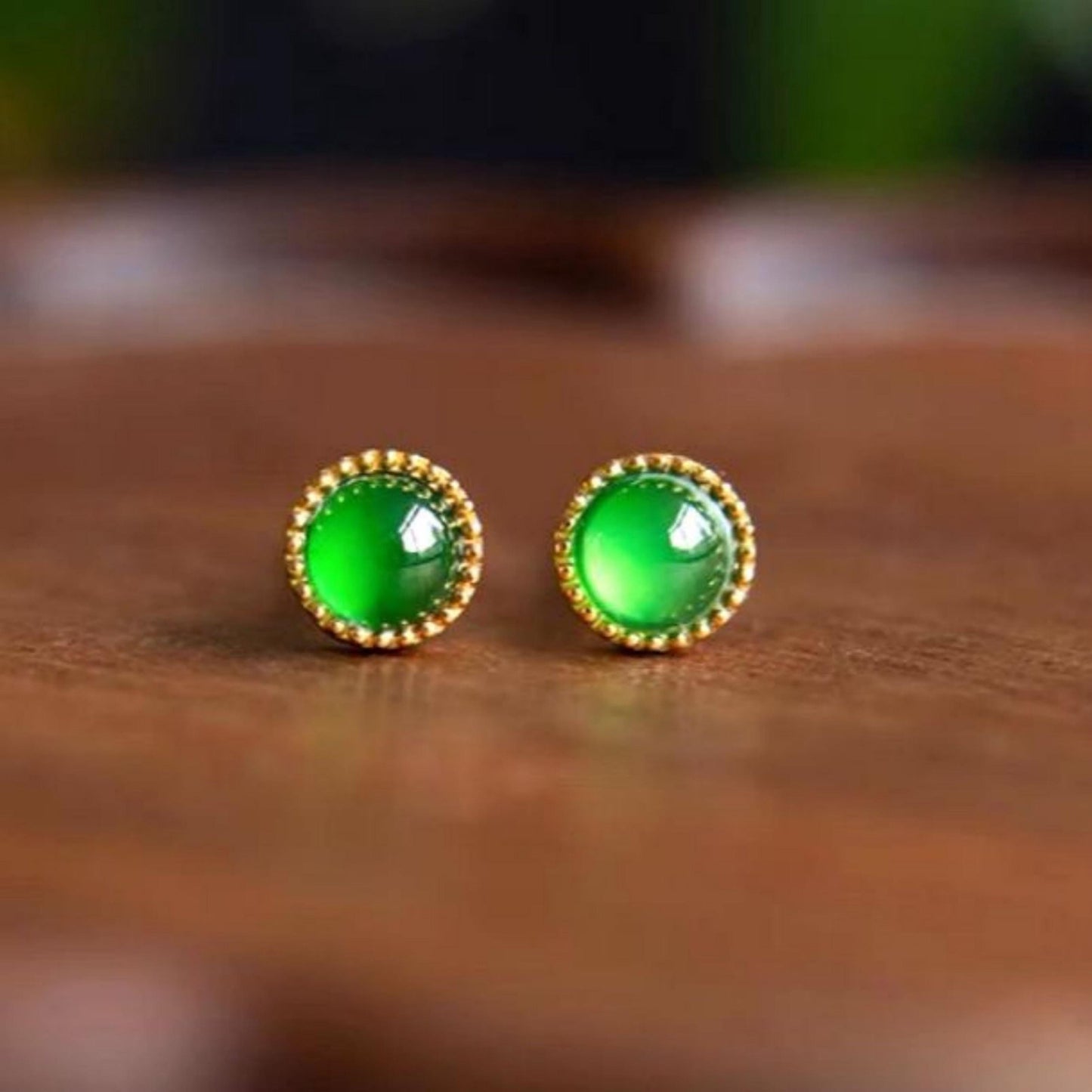 Natural jadeite Stud Earrings /Sterling 925-Silver 18KGold-Plated round green jade Studs/Customize gift box/anniversary gift/minimalist