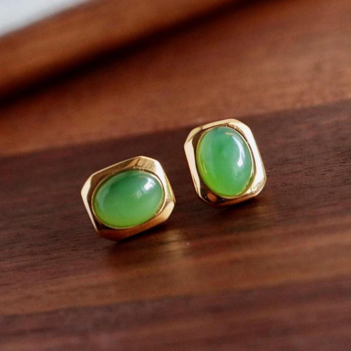 Natural green jade Stud Earrings /Sterling 925-Silver 18KGold-Plated green Nephrite Studs/Customize gift box/anniversary gift/minimalist