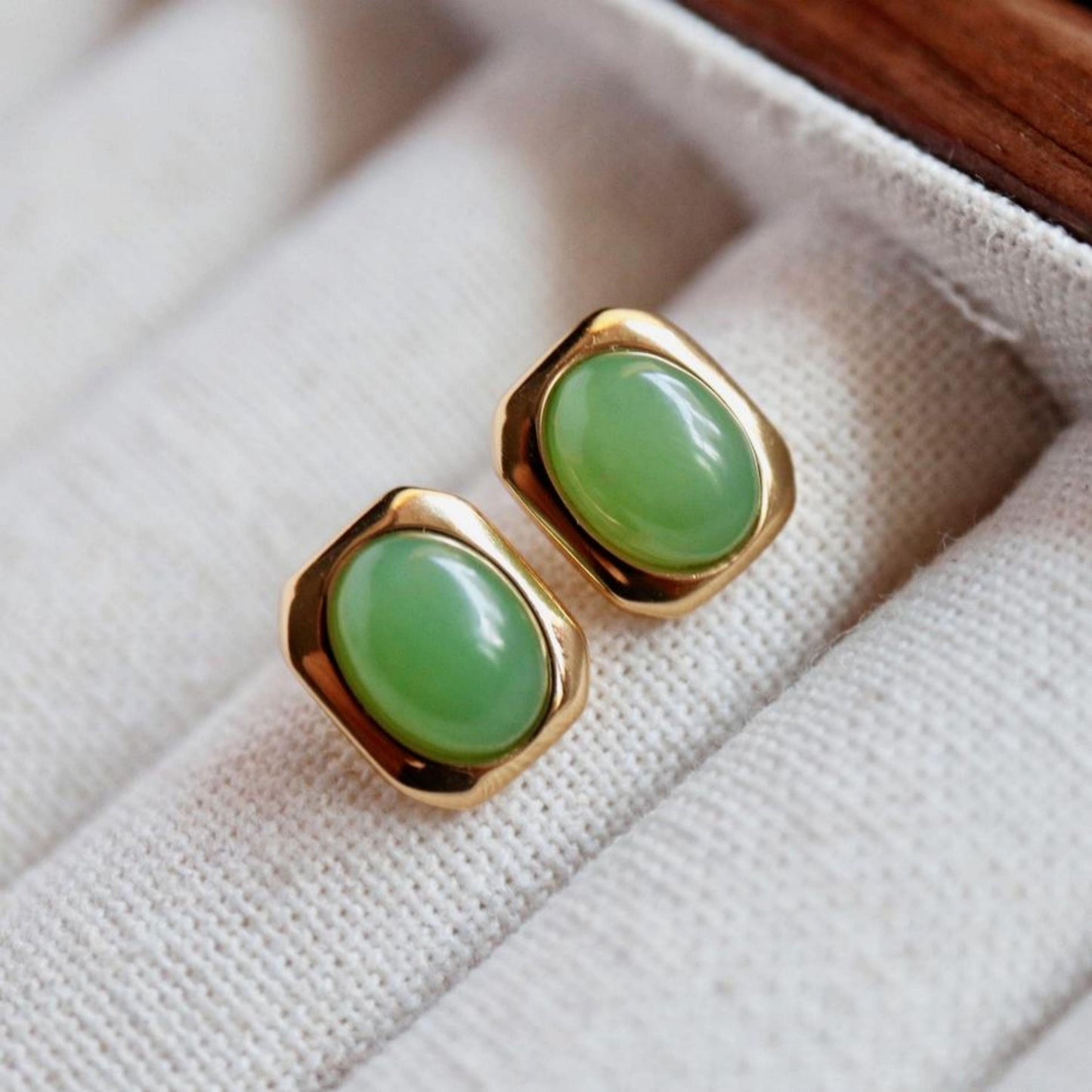 Natural green jade Stud Earrings /Sterling 925-Silver 18KGold-Plated green Nephrite Studs/Customize gift box/anniversary gift/minimalist