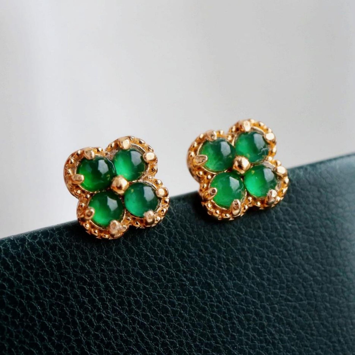 Natural jadeite Stud Earrings /Sterling 925Silver Gold-Plated green jade Studs/Customize gift box/anniversary gift/four-leaf clover earrings