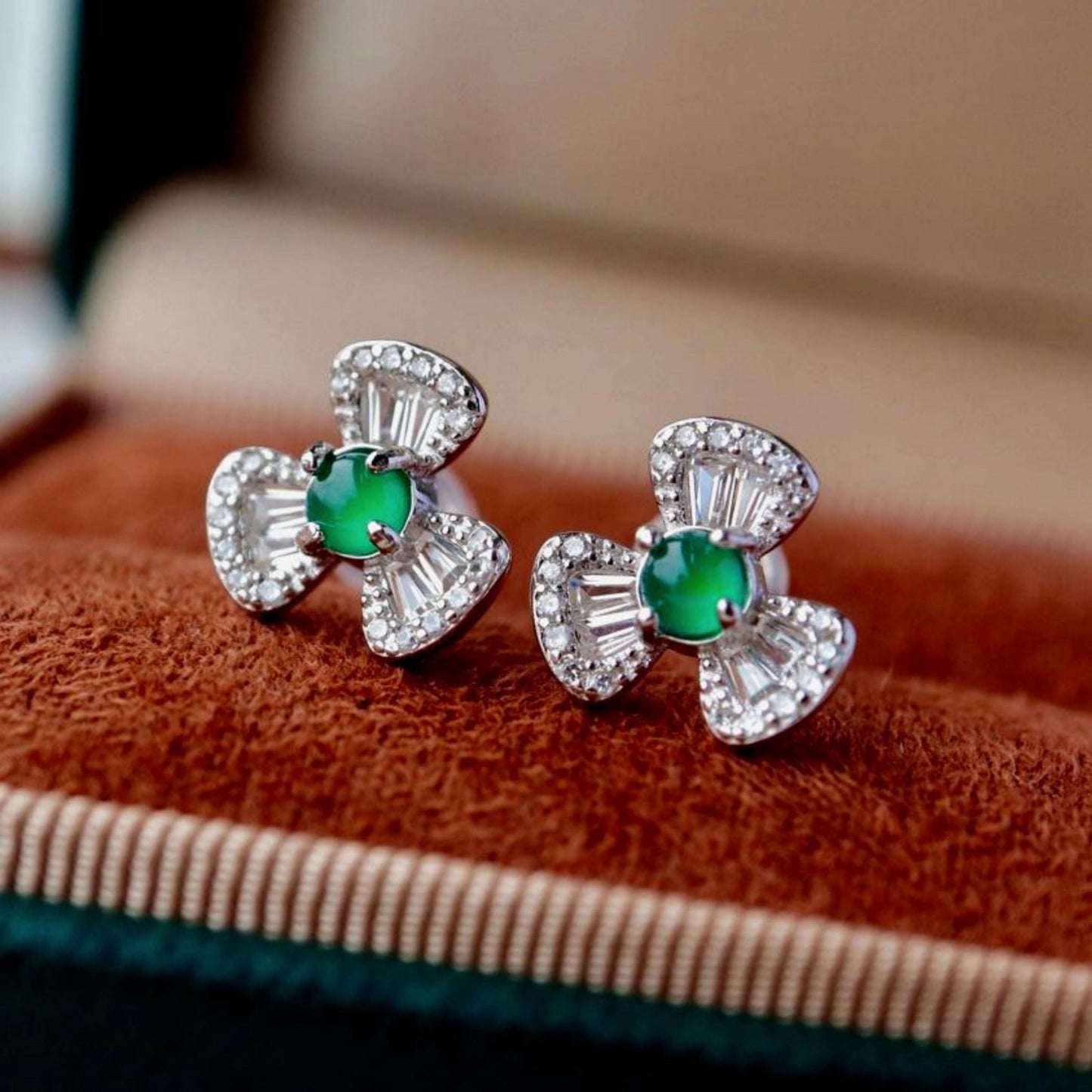 Natural jadeite Stud Earrings /Sterling 925Silver 18kGold-Plated green jade Studs/Customize gift box/anniversary gift/Dainty clover earrings