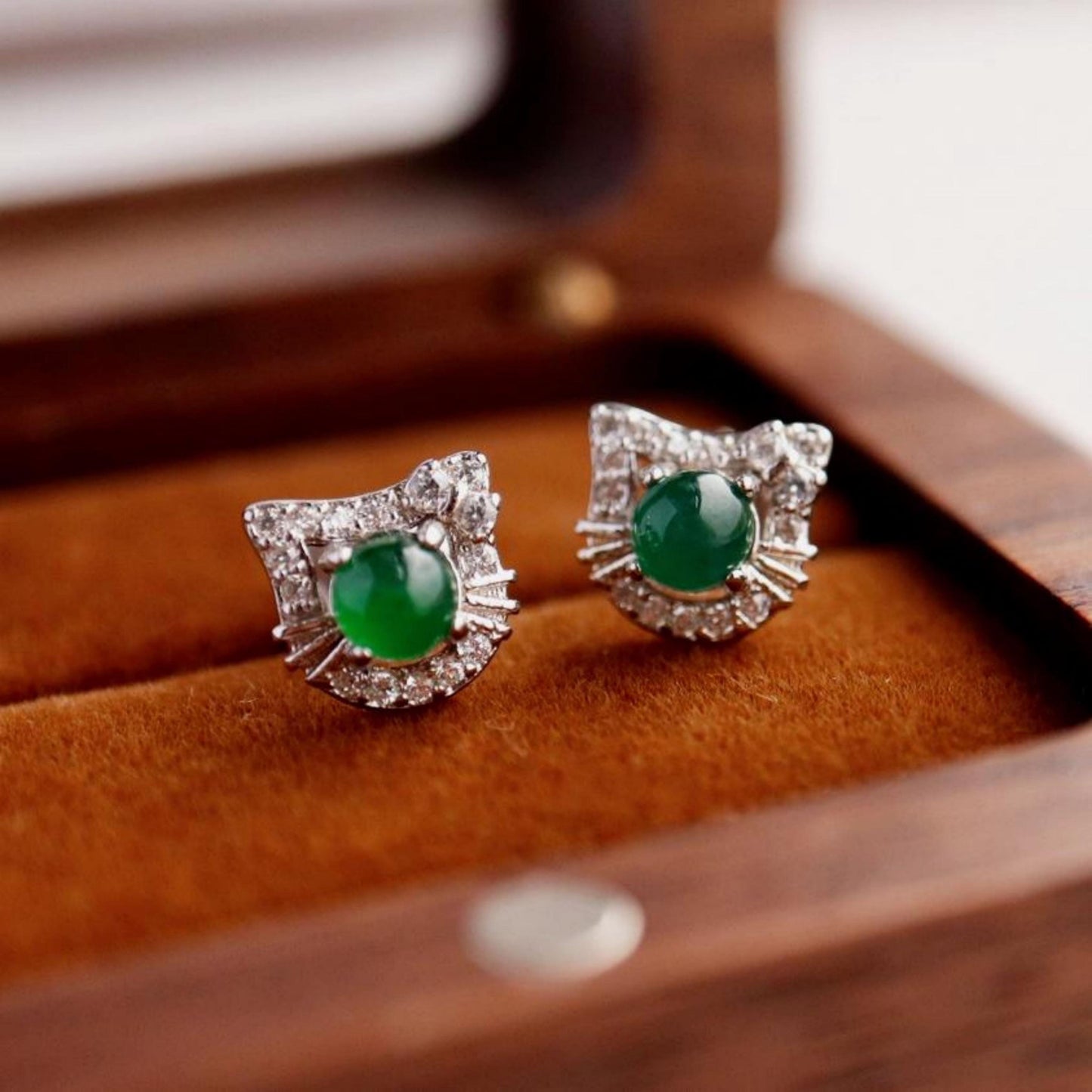 Natural jadeite Stud Earrings /Sterling 925 Silver 18k Gold-Plated green jade Studs/Customize gift box/anniversary gift/Dainty cat earrings