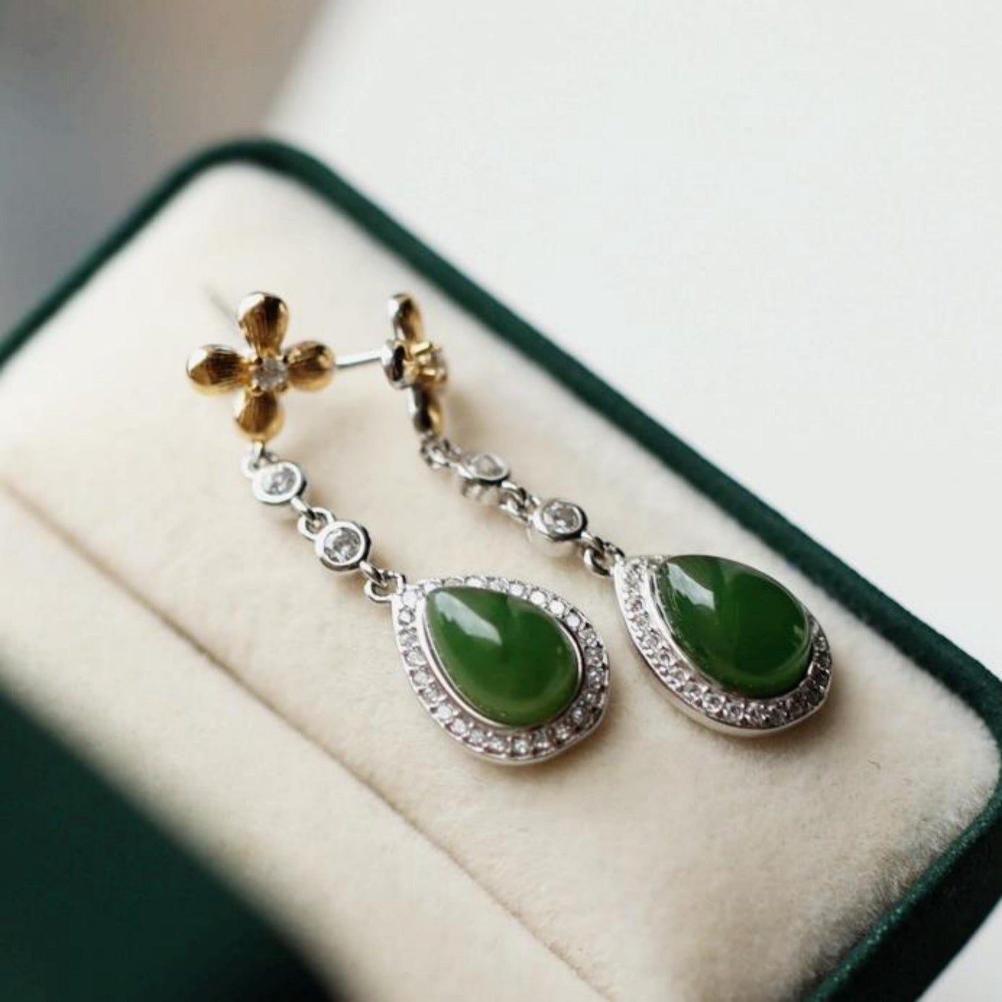 Natural green jade dangle Earrings/Sterling 925-Silver 18KGold-Plated  green Nephrite drops/Customize gift box/anniversary gift/unique gift