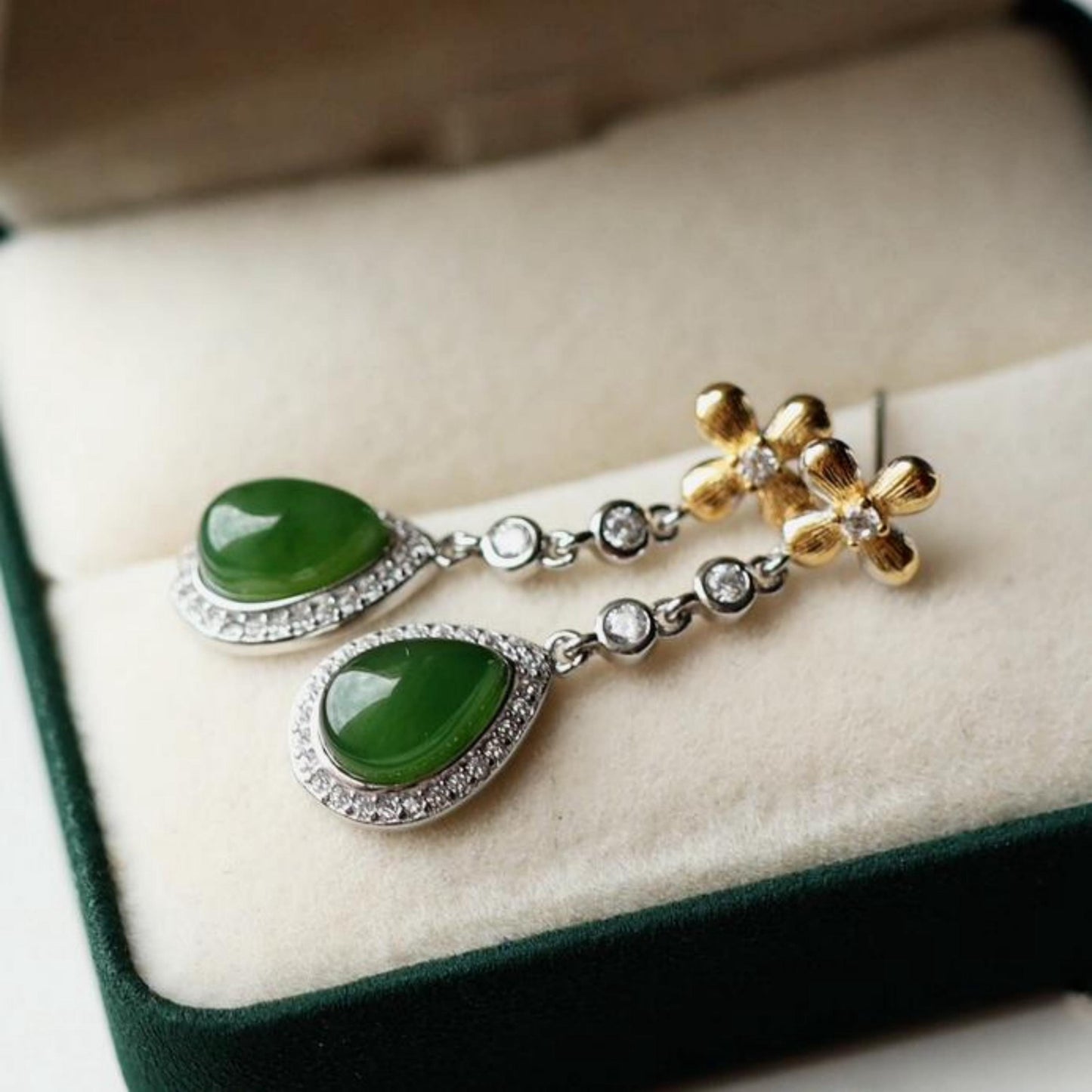 Natural green jade dangle Earrings/Sterling 925-Silver 18KGold-Plated  green Nephrite drops/Customize gift box/anniversary gift/unique gift