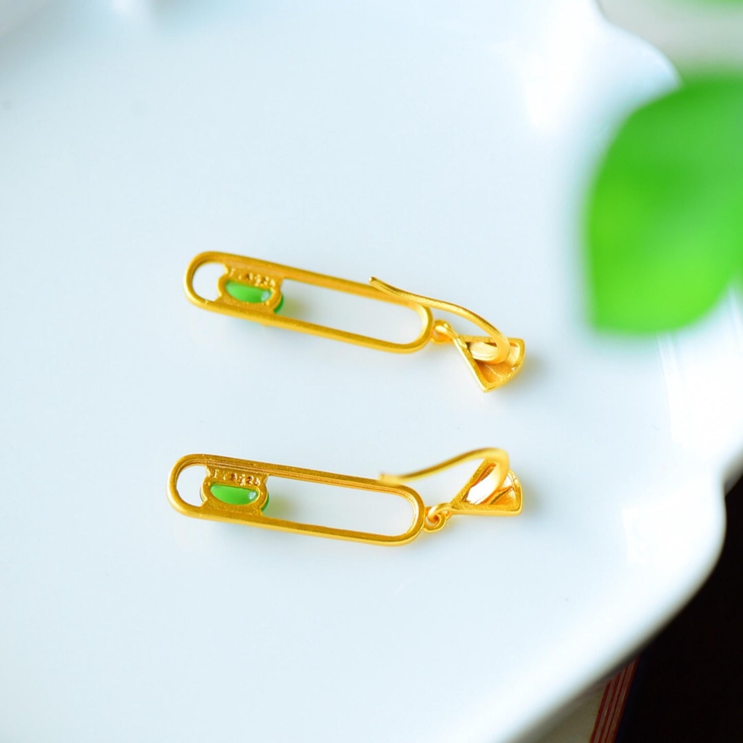 Natural green jade dangle Earrings/Sterling 925Silver 18KGold-Plated green Nephrite drops/Customize gift box/anniversary gift/geometric line