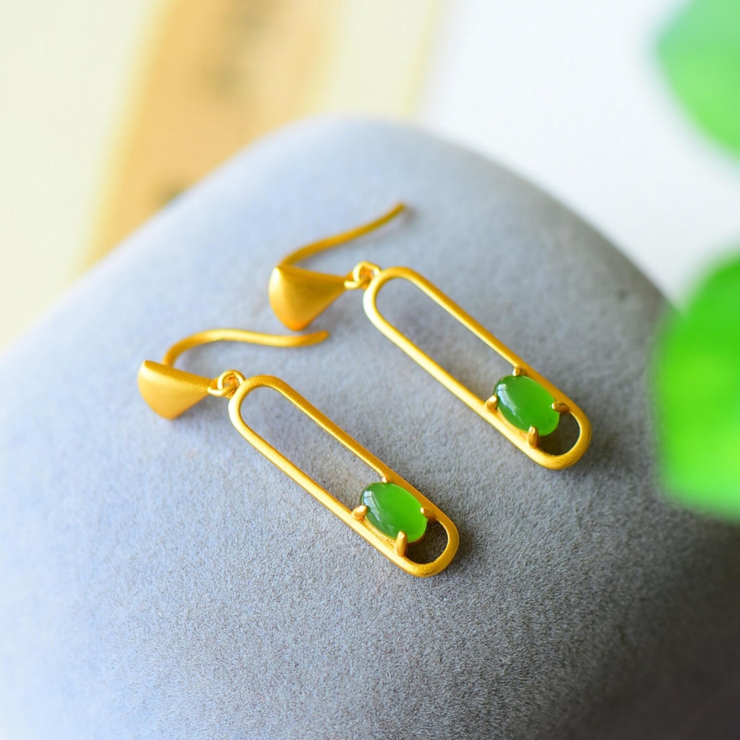 Natural green jade dangle Earrings/Sterling 925Silver 18KGold-Plated green Nephrite drops/Customize gift box/anniversary gift/geometric line