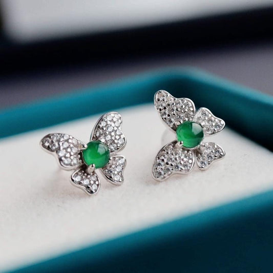 Natural jadeite Stud Earrings /Sterling 925 Silver 18k Gold-Plated green jade Studs/Customize gift box/anniversary gift/butterfly earrings