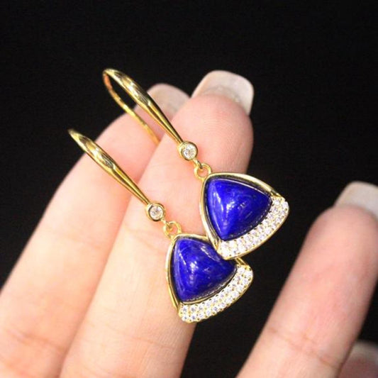 Natural Lapis lazuli dangle Earrings/Sterling 925-Silver Gold-Plated Triangle Lapis lazuli drops/Customize gift box/anniversary gift for her