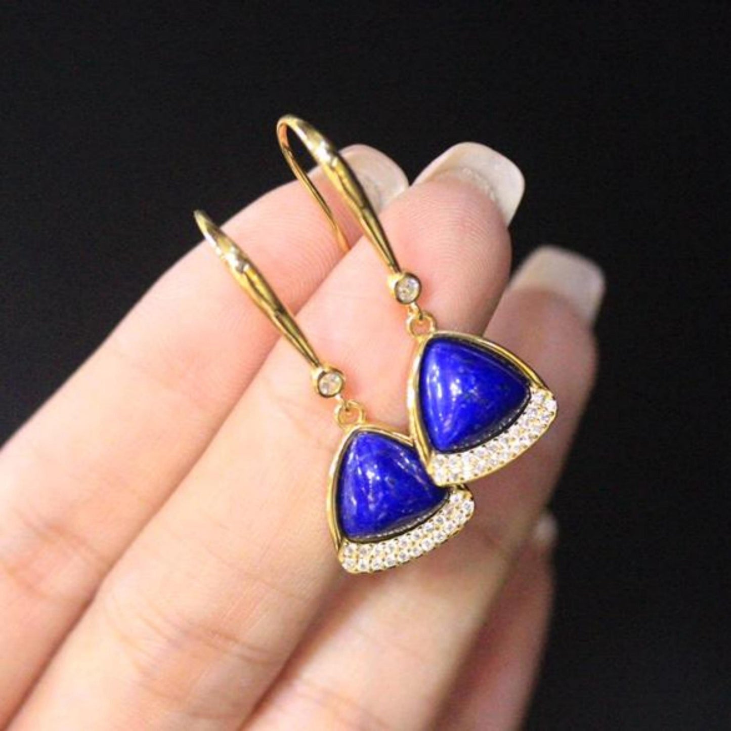 Natural Lapis lazuli dangle Earrings/Sterling 925-Silver Gold-Plated Triangle Lapis lazuli drops/Customize gift box/anniversary gift for her