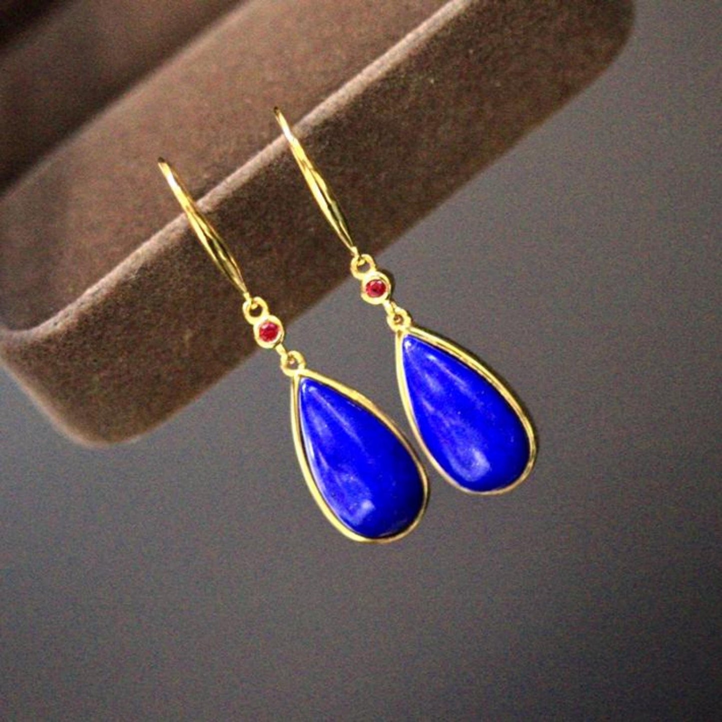 Natural Lapis lazuli dangle Earrings/Sterling 925-Silver Gold-Plated pear Lapis lazuli drops/Customize gift box/anniversary gift for her