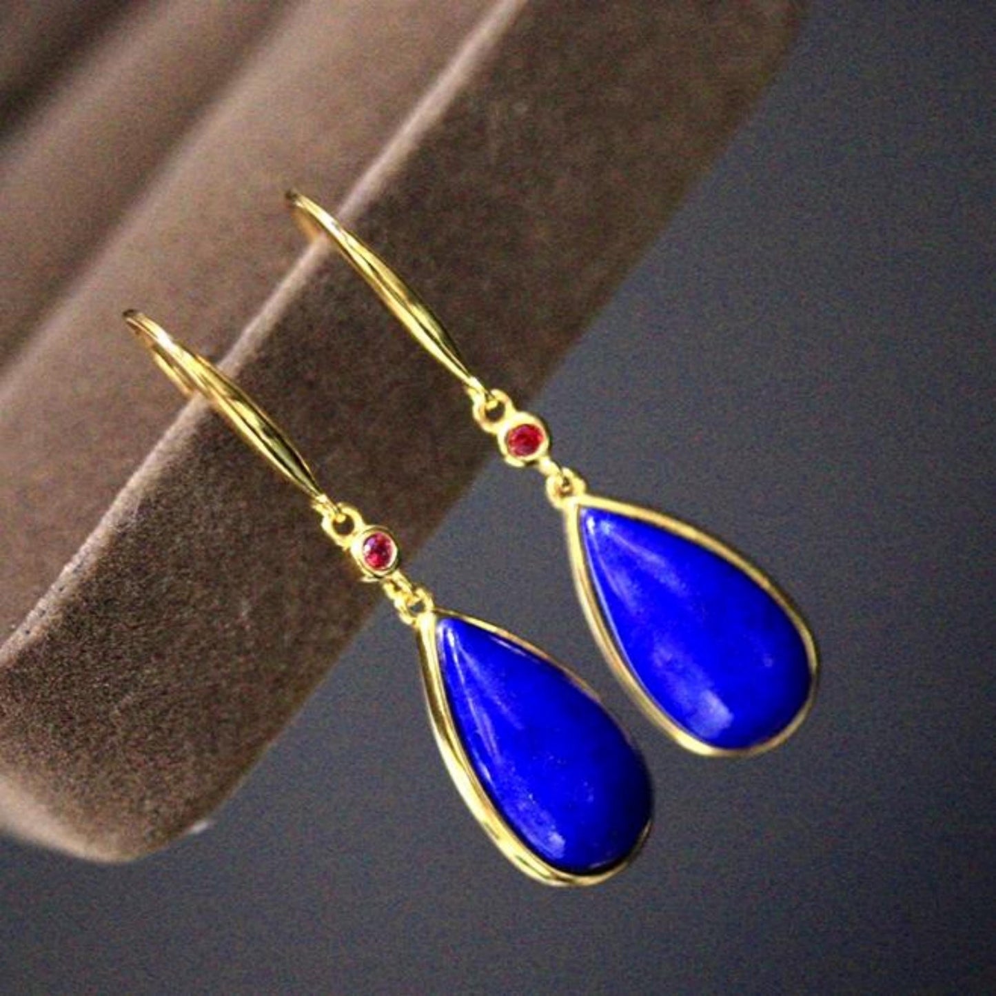 Natural Lapis lazuli dangle Earrings/Sterling 925-Silver Gold-Plated pear Lapis lazuli drops/Customize gift box/anniversary gift for her