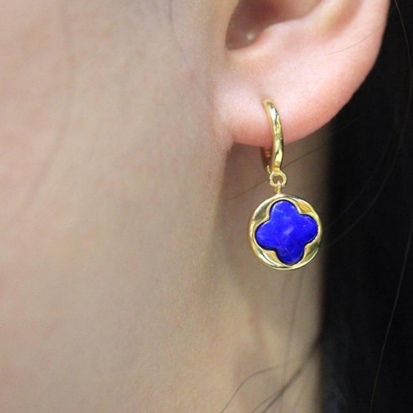 Natural Lapis lazuli dangle Earrings/Sterling 925-Silver Gold-Plated Four-leaf clover Lapis lazuli drops/Customize gift box/anniversary gift