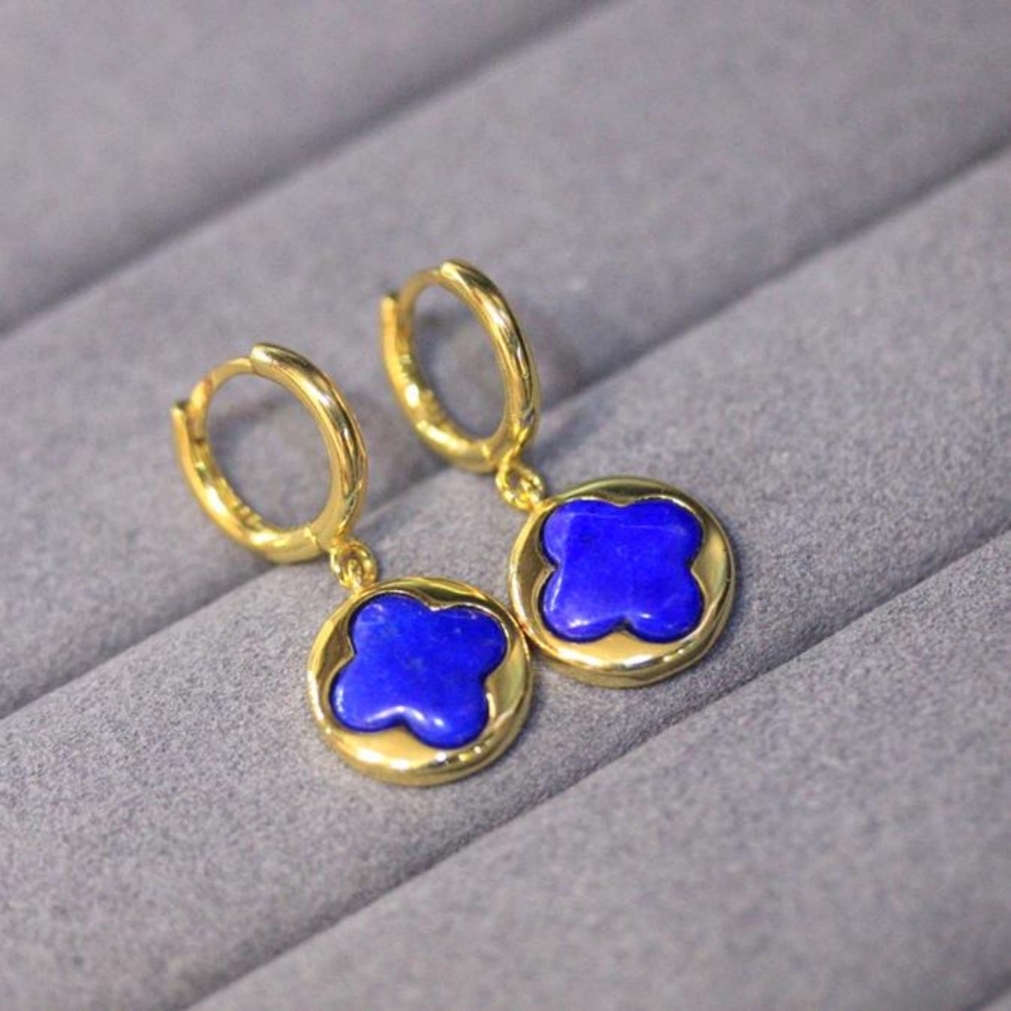 Natural Lapis lazuli dangle Earrings/Sterling 925-Silver Gold-Plated Four-leaf clover Lapis lazuli drops/Customize gift box/anniversary gift