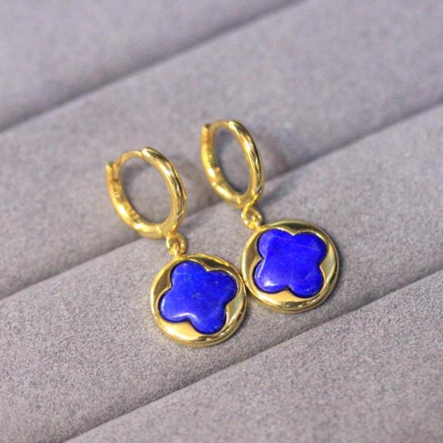 Natural Lapis lazuli dangle Earrings/Sterling 925-Silver Gold-Plated Four-leaf clover Lapis lazuli drops/Customize gift box/anniversary gift